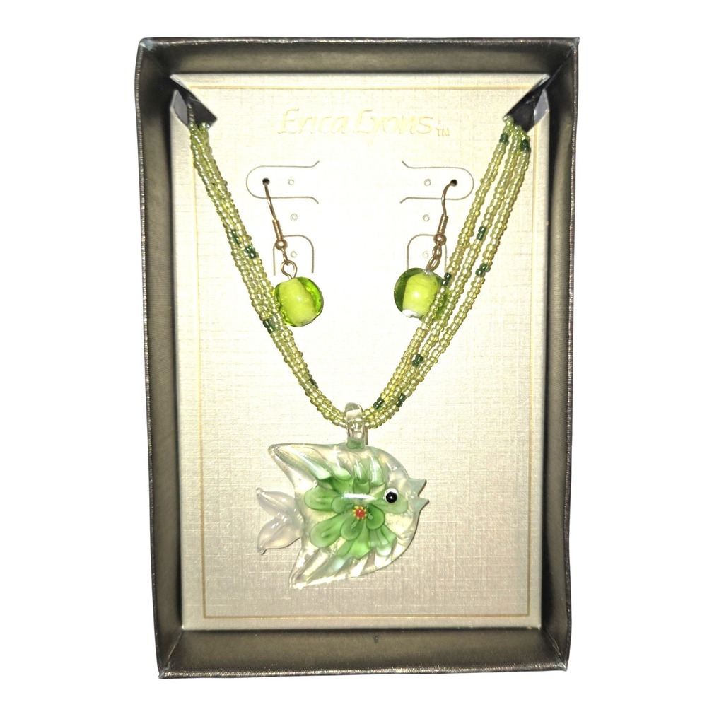 Erica Lyons Jewelry Set Green Glass Fish Pendant Seed Bead Necklace Earrings